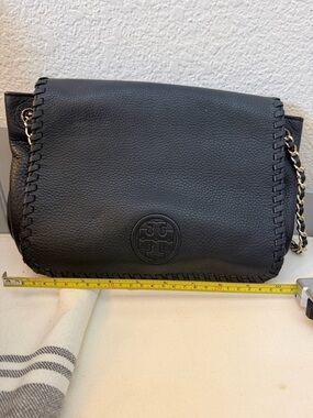 Tory Burch Black Whipstitch Flap Shoulder Bag with Chain Strap